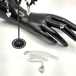 925 Silver Necklace Ring & Earring Set White CZ Diamond Heart Stones Valentines